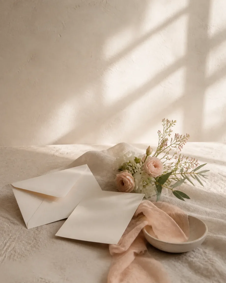 Cartão e envelope em branco junto a um pequeno ramo de flores, linho e fita em tons suaves.