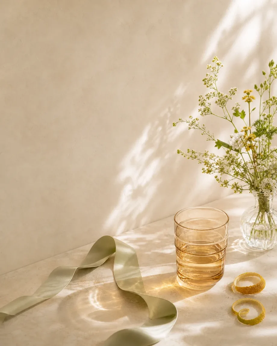 Copo âmbar iluminado pelo sol com fita verde, flores delicadas e espirais de citrinos.