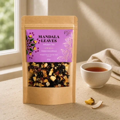 Infusão tropical de ananás e coco Mandala Leaves num ambiente Ariumô