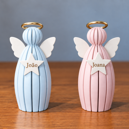 Dois anjos de 7 cm, azul e rosa, com os nomes João e Joana escritos na estrela