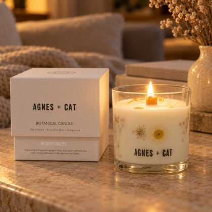 Vela botânica de soja Agnes+Cat Windermere acesa com a caixa branca numa mesa de sala ao anoitecer