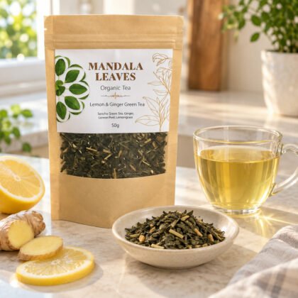 Saqueta de chá verde Mandala Leaves Lemon & Ginger Green Tea com chávena de vidro, limão e gengibre numa bancada clara