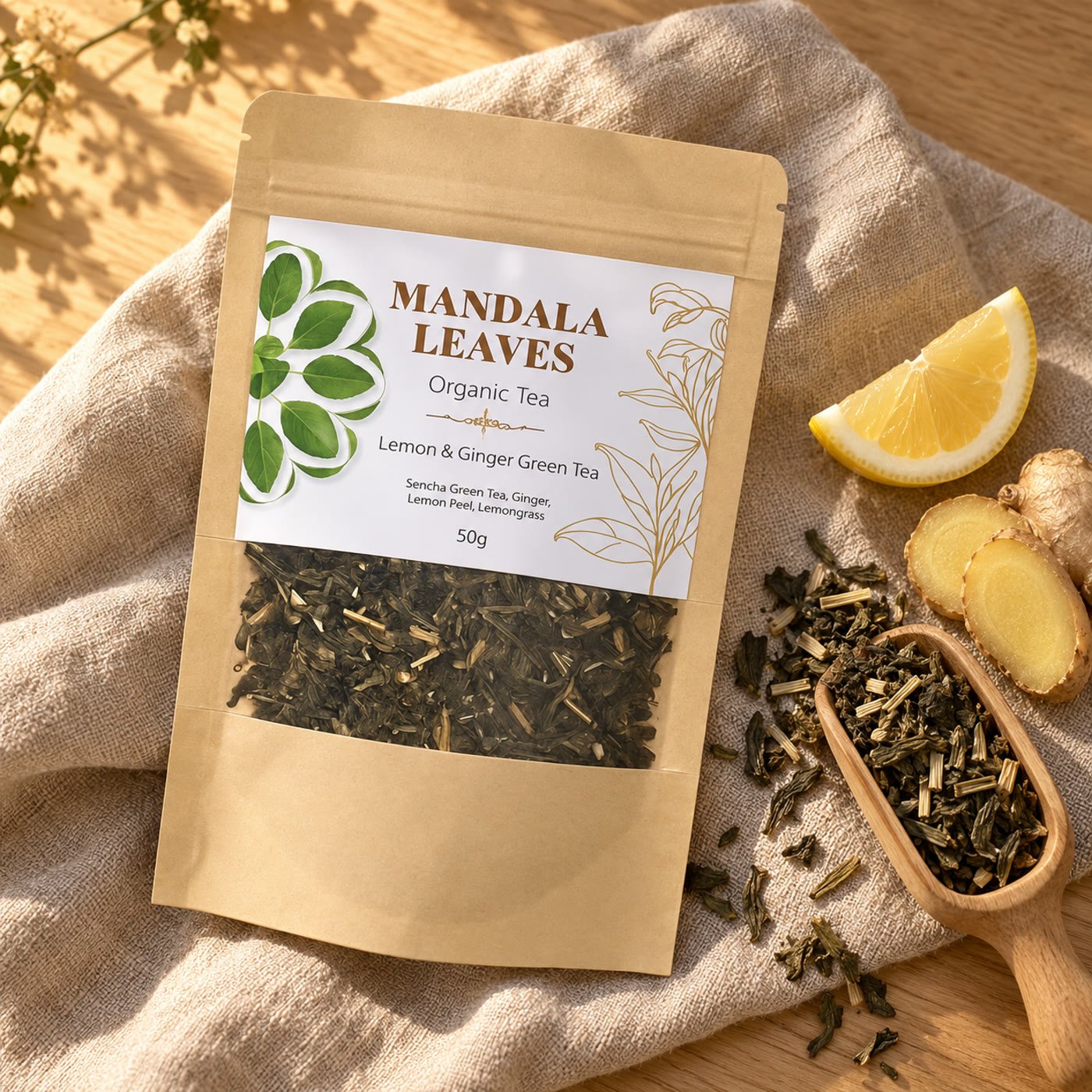 Saqueta de chá verde Lemon & Ginger Mandala Leaves sobre linho com colher de madeira, limão e gengibre