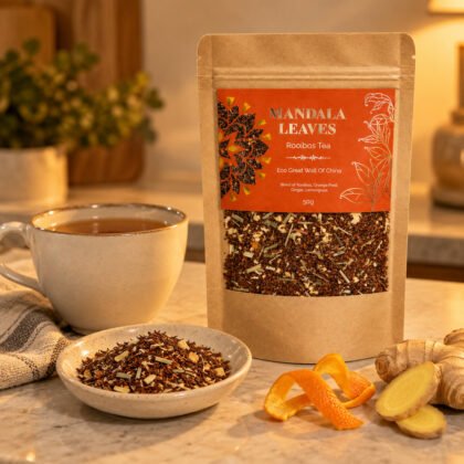 Saqueta de rooibos Mandala Leaves Eco Great Wall Of China com chávena, casca de laranja e gengibre numa bancada ao fim do dia