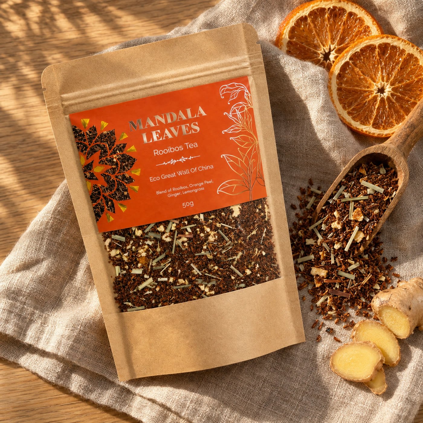 Saqueta de rooibos Mandala Leaves sobre linho com colher de madeira, laranja seca e gengibre
