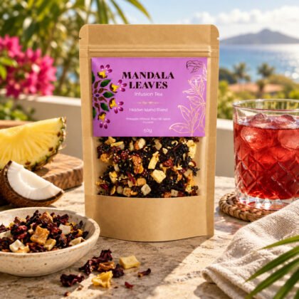 Saqueta Mandala Leaves Hidden Island Blend com infusão de ananás, coco e hibisco numa esplanada com chá gelado
