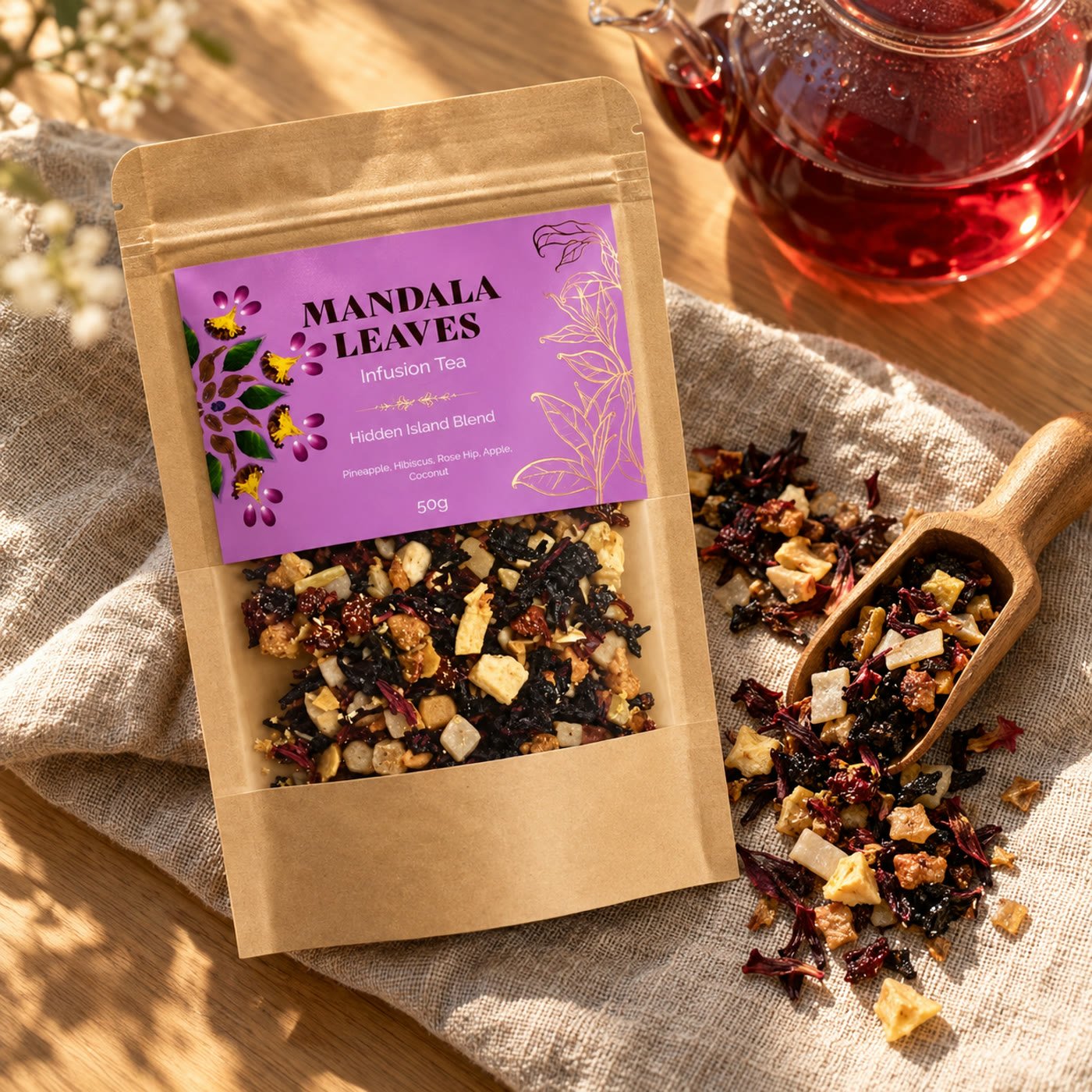 Saqueta de infusão Hidden Island Blend sobre linho com colher de madeira e bule de vidro com chá vermelho