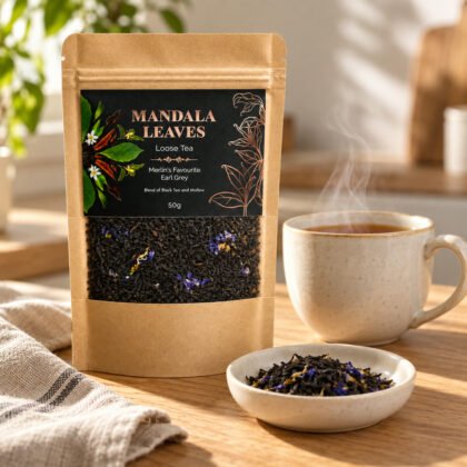Saqueta de chá Mandala Leaves Merlin's Favourite Earl Grey com chávena de chá e folhas numa taça