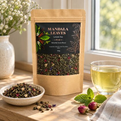 Saqueta de chá verde Mandala Leaves Serenity Souk Blend com chá numa taça, hortelã e botões de rosa junto à janela