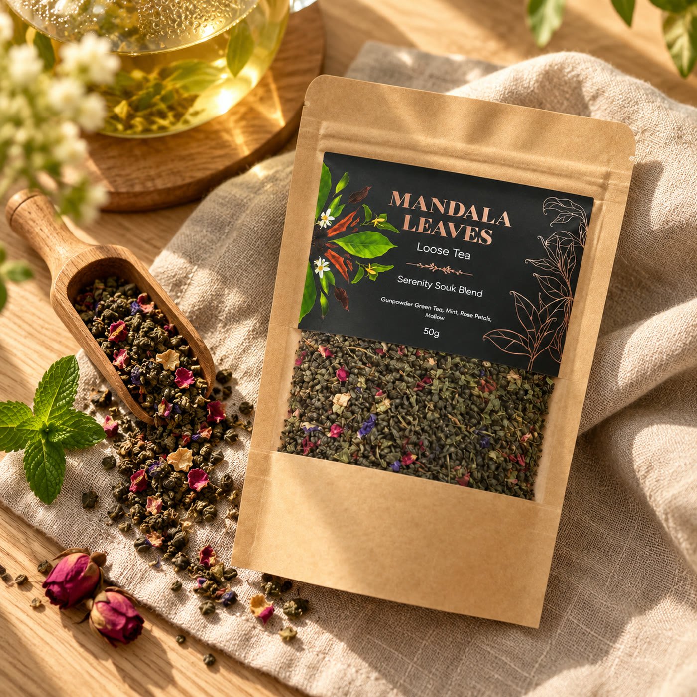 Saqueta de chá Serenity Souk Blend sobre linho com colher de madeira, chá verde com pétalas de rosa e hortelã