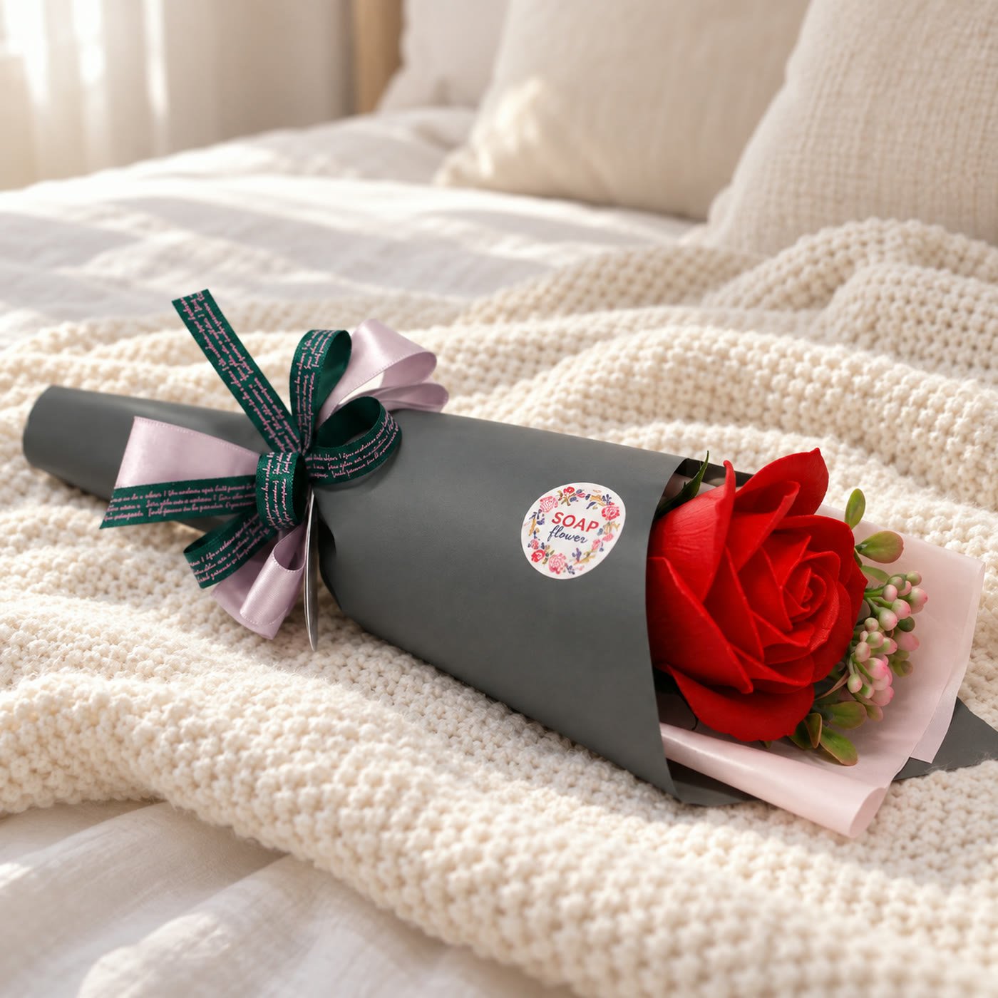 Ramo de uma rosa vermelha de sabão em papel cinzento com autocolante SOAP flower, sobre uma manta de malha creme