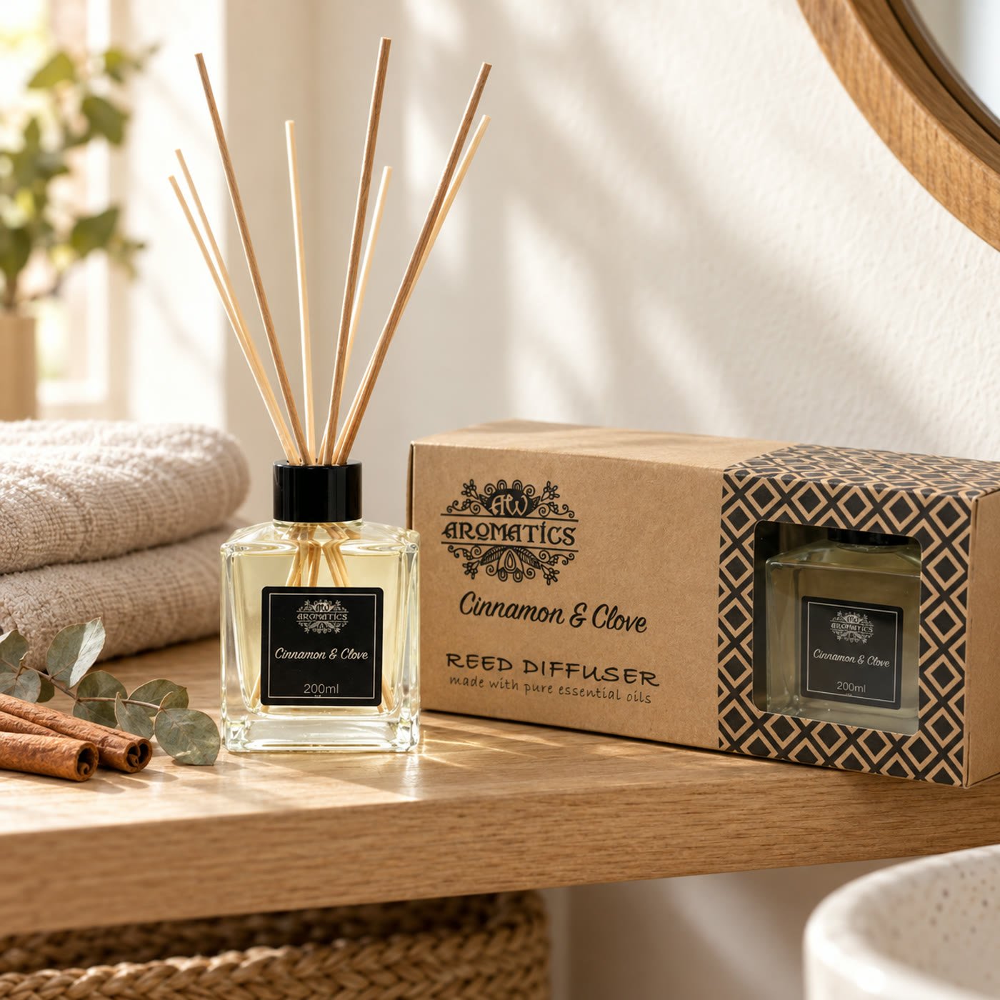 Difusor de varetas Cinnamon & Clove com a caixa numa prateleira de casa de banho com toalhas e eucalipto