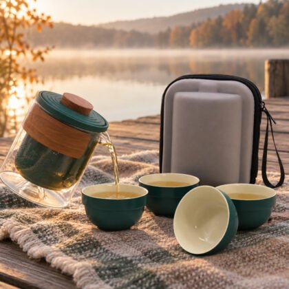 Conjunto de chá Montanha a servir chá em quatro chávenas verdes com o estojo cinzento num cais junto a um lago