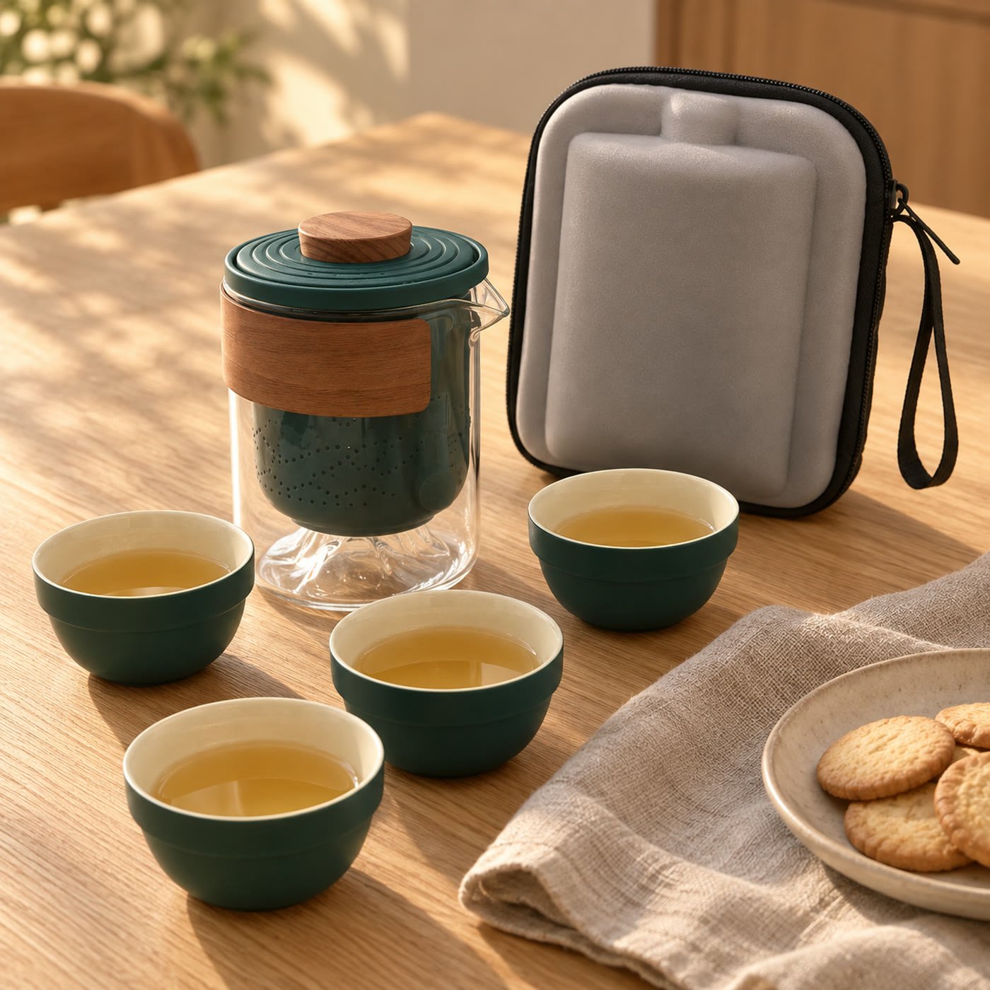 Conjunto de chá Montanha com quatro chávenas cheias e o estojo cinzento numa mesa de cozinha com bolachas