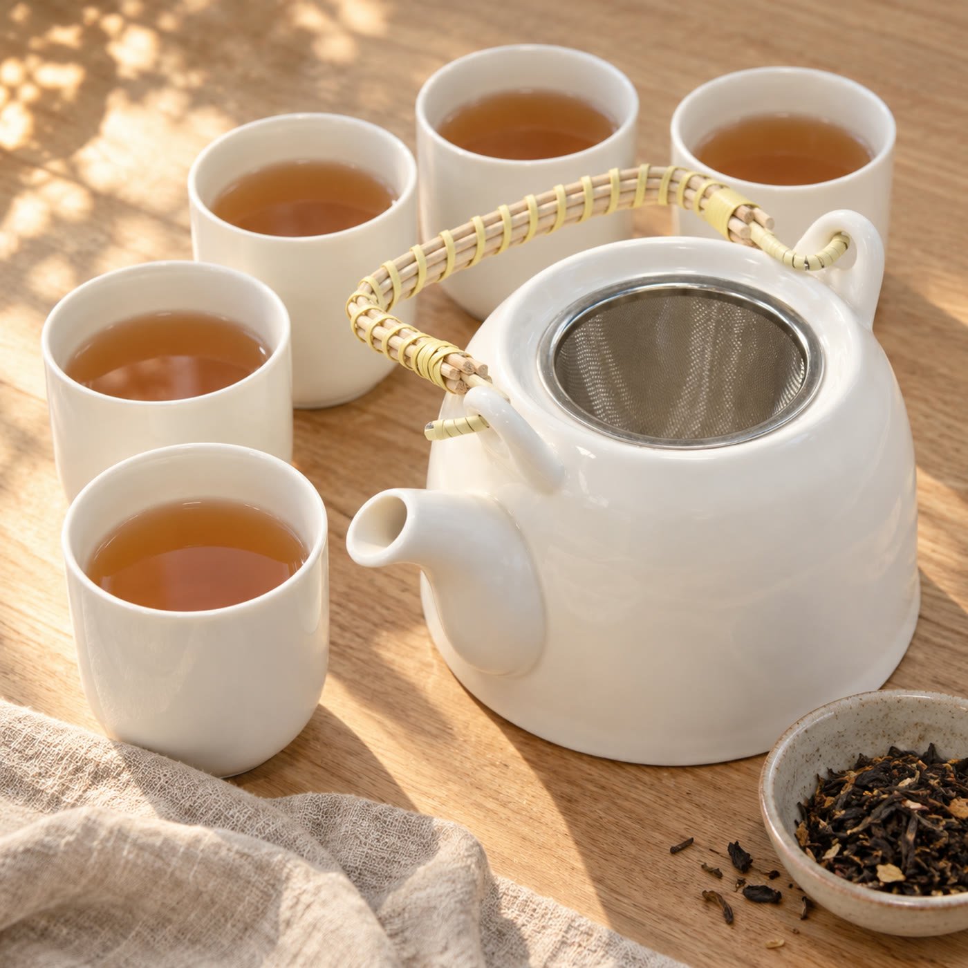 Bule branco com infusor e chávenas com chá numa mesa de carvalho à luz do fim da tarde