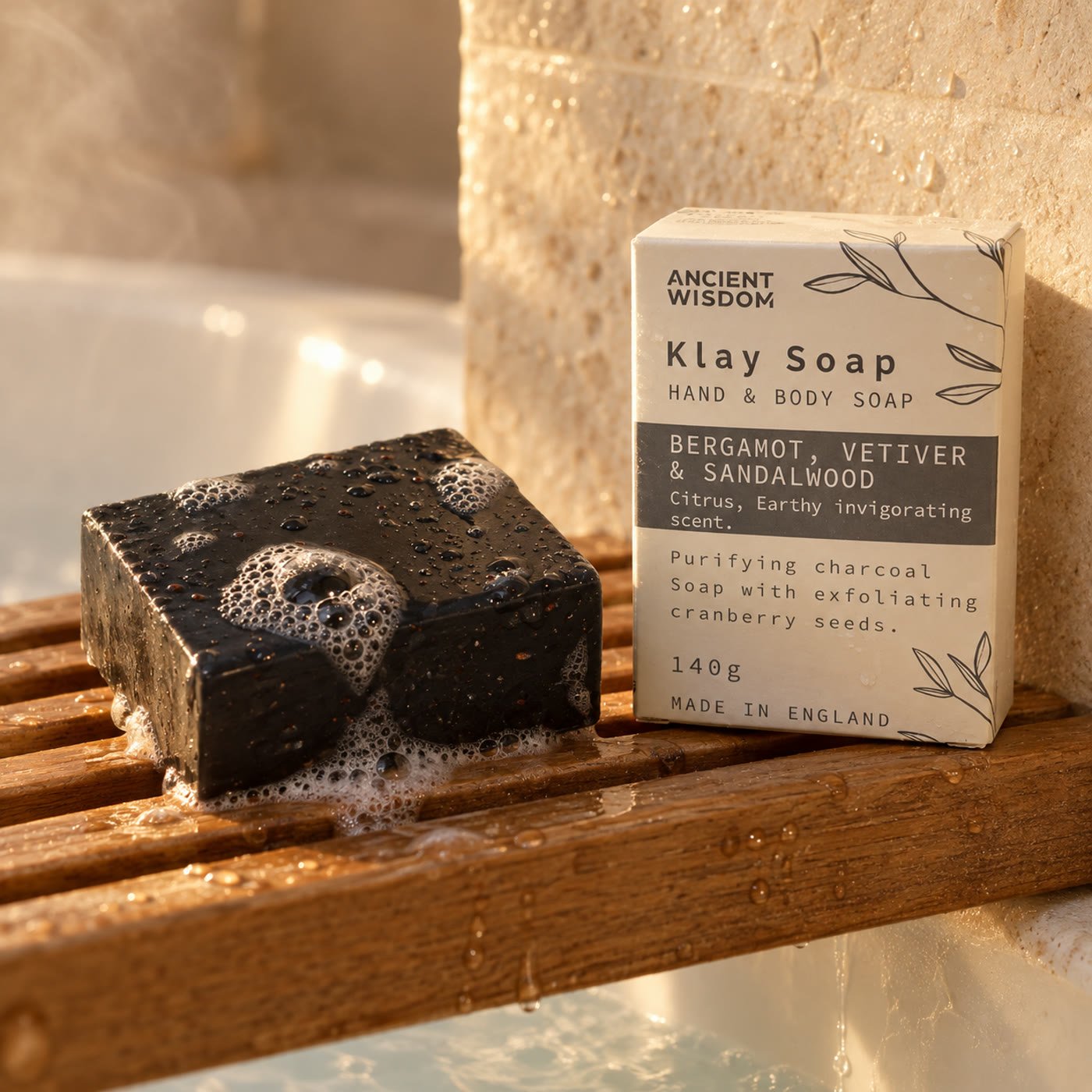 Sabonete de argila preto com espuma num suporte de madeira, com a caixa Klay Soap ao lado