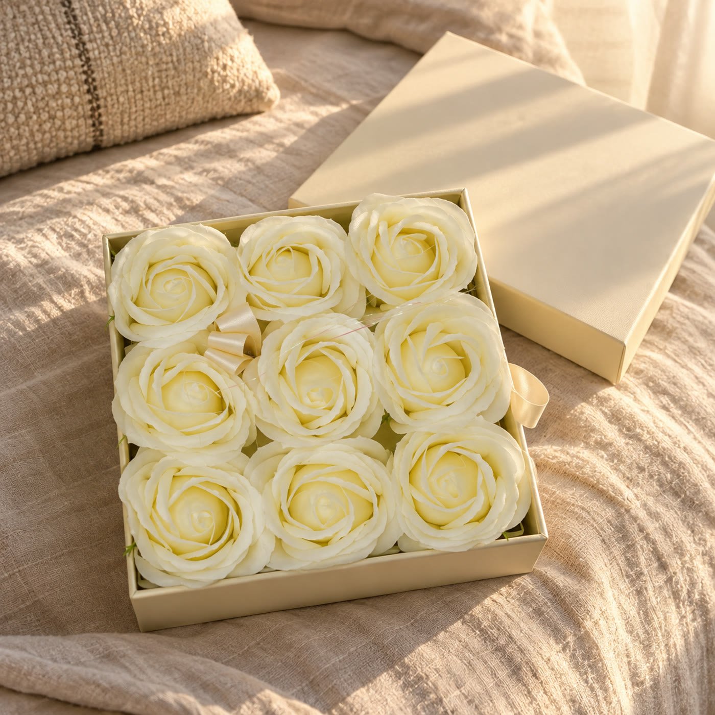 Caixa com nove rosas de sabão marfim aberta sobre uma cama de linho