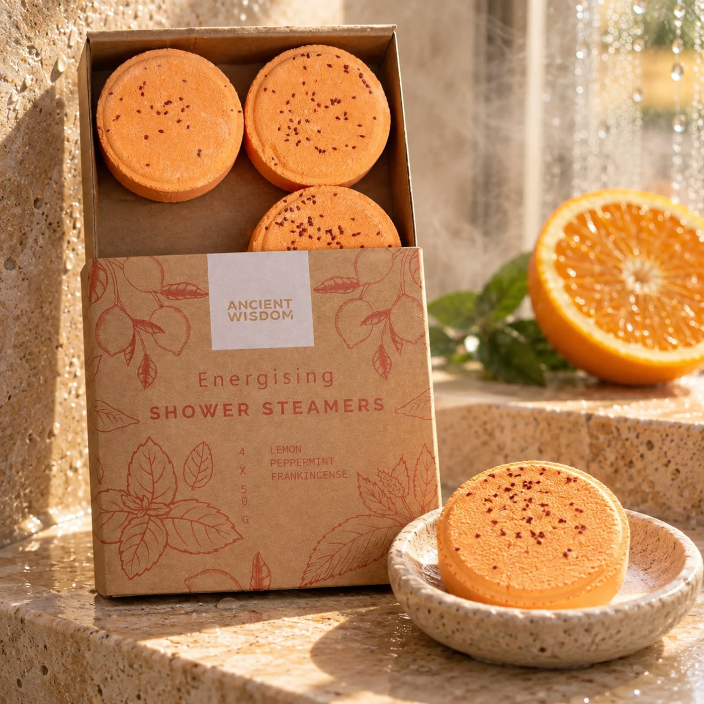 Caixa Energising Shower Steamers com um vapor laranja num pequeno prato de pedra
