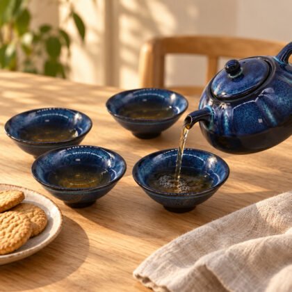 Bule azul com quatro chávenas a servir chá numa mesa de cozinha com bolachas