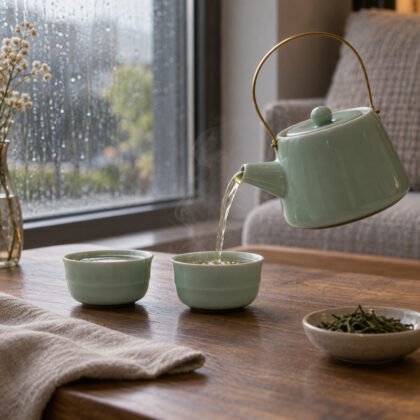 Bule verde-água com asa dourada a servir chá numa de duas chávenas junto a uma janela com chuva