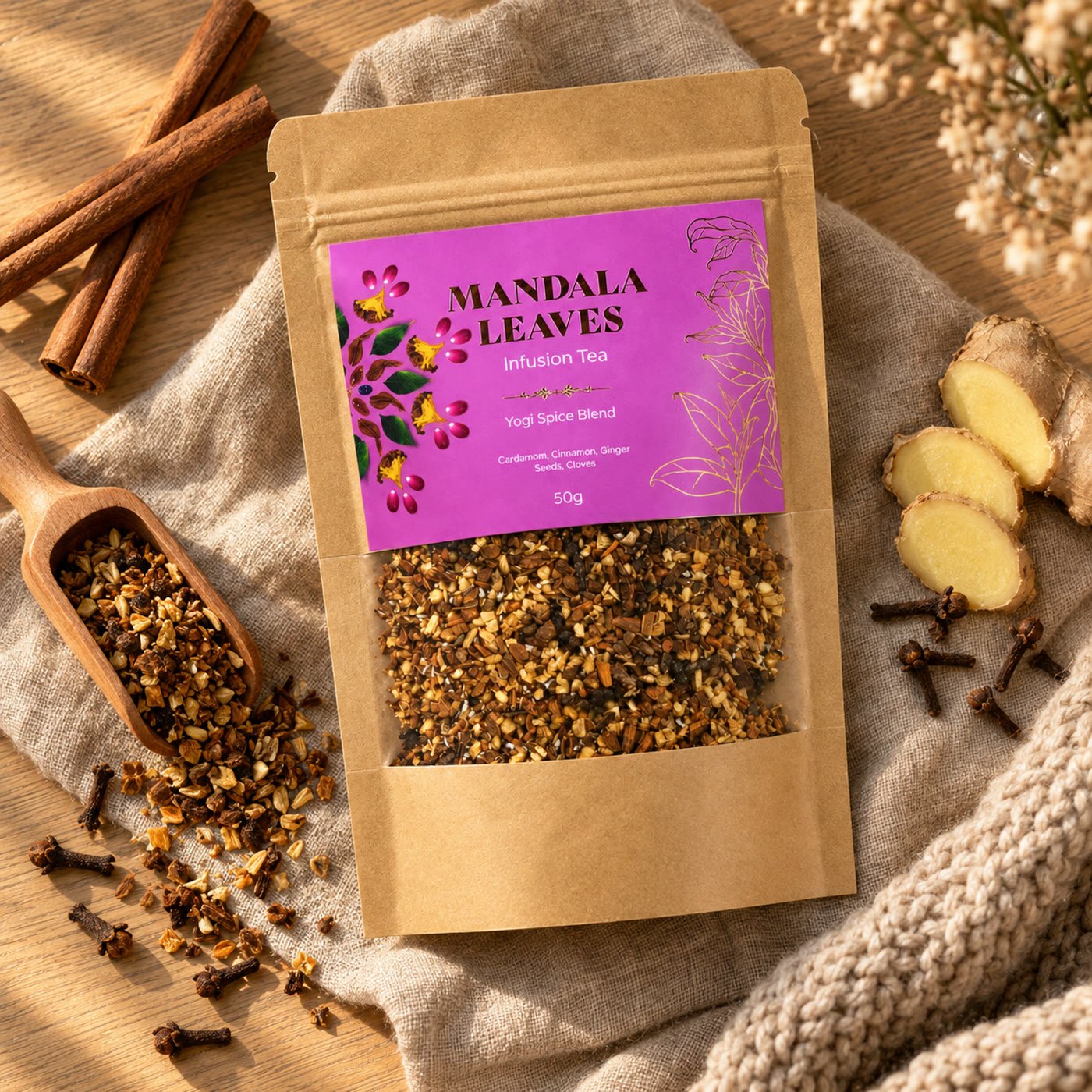 Saqueta de infusão Yogi Spice Blend sobre linho com colher de madeira, canela, cravinho e gengibre