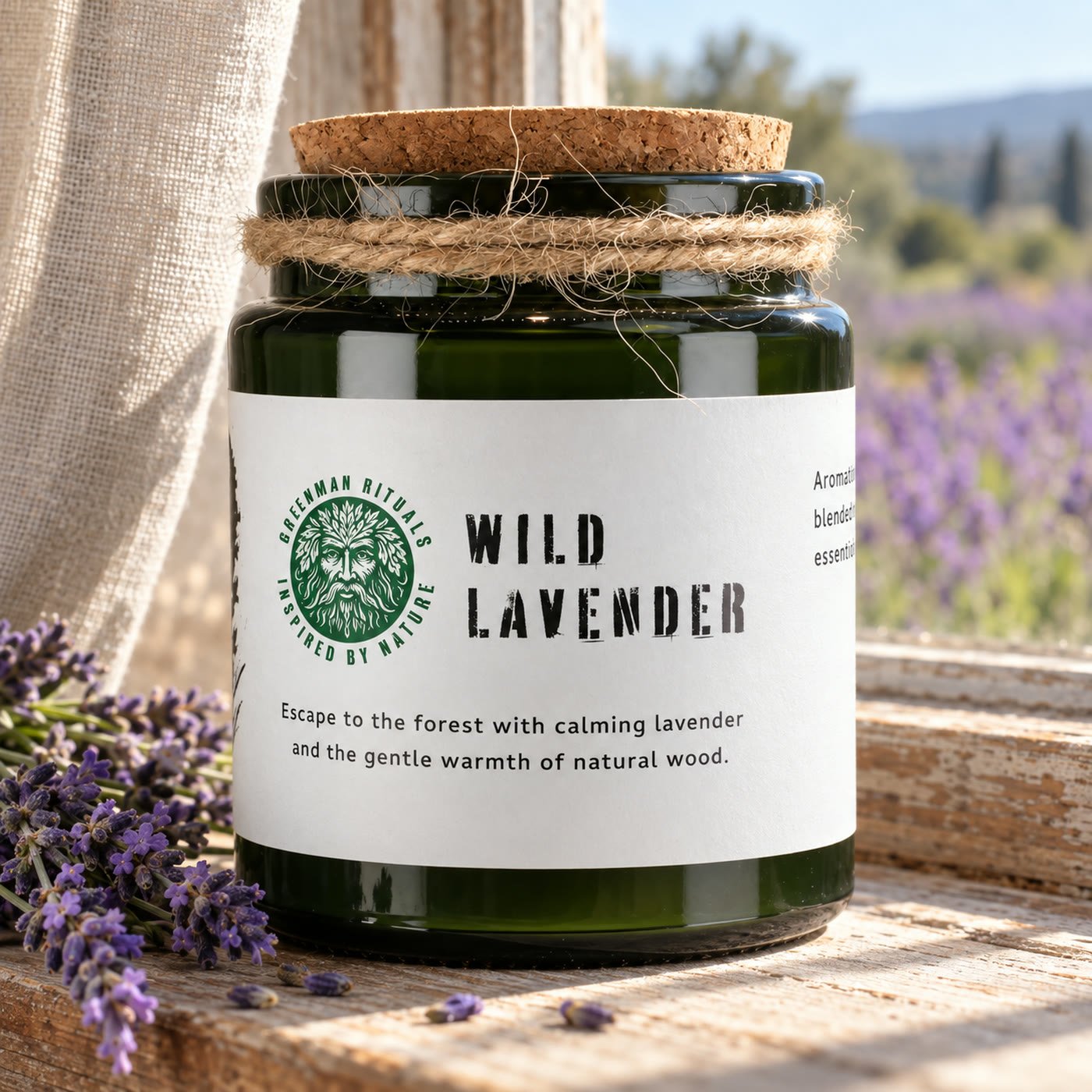 Vela Wild Lavender da Greenman Rituals com rolha de cortiça, num parapeito de madeira ao sol com raminho de lavanda e campo de lavanda ao fundo