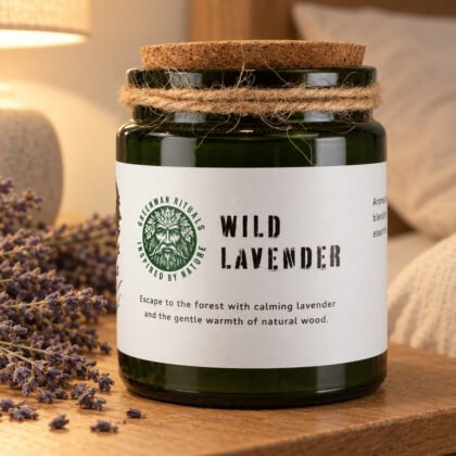Vela Wild Lavender da Greenman Rituals em frasco de vidro verde com rolha de cortiça, numa mesa de cabeceira de carvalho com lavanda seca