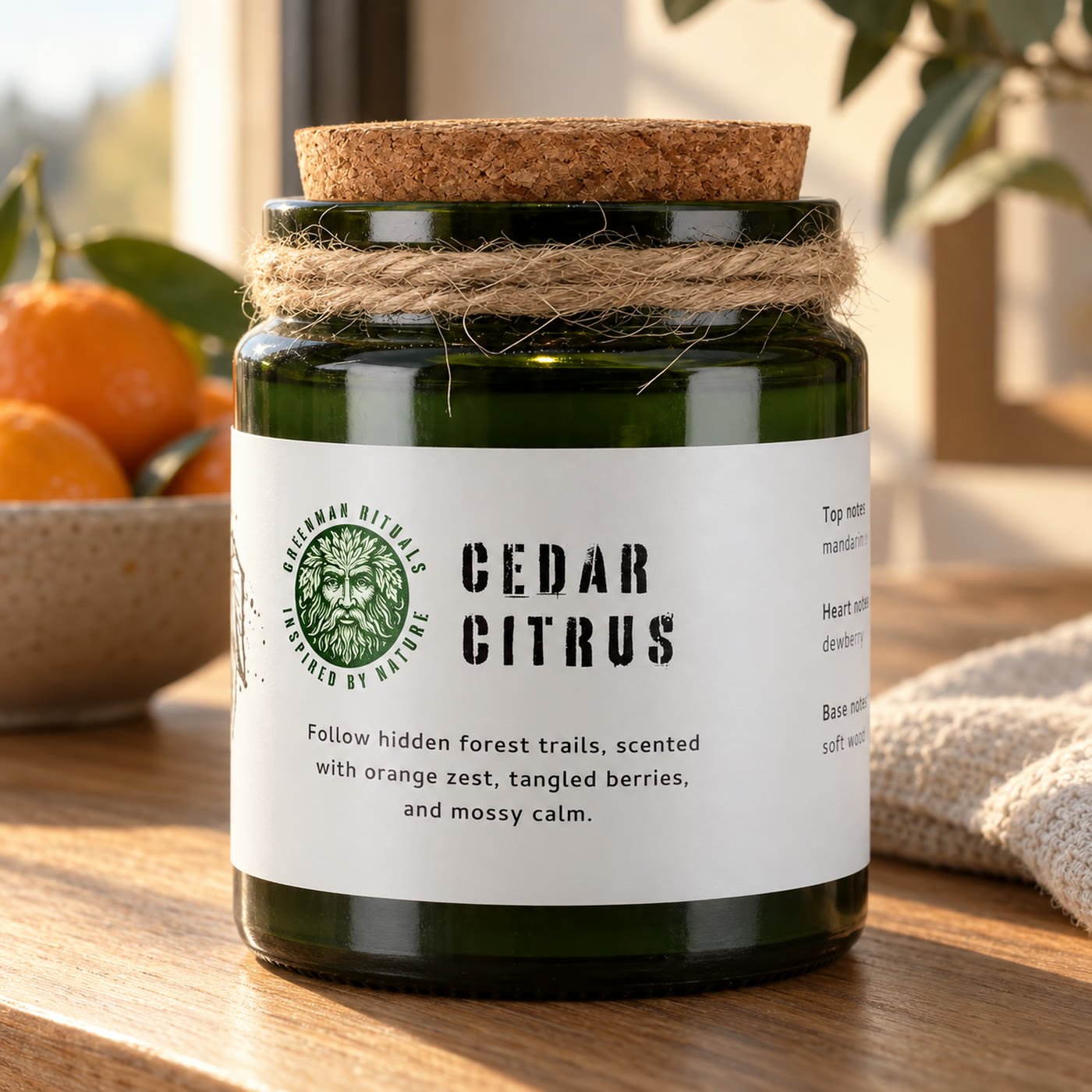 Vela Cedar Citrus da Greenman Rituals com rolha de cortiça numa secretária de carvalho junto à janela, com tangerinas ao fundo