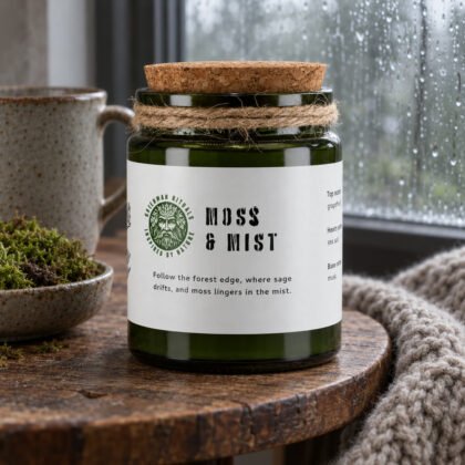 Vela Moss & Mist da Greenman Rituals em frasco de vidro verde com rolha de cortiça, numa mesa de madeira junto a uma janela com chuva