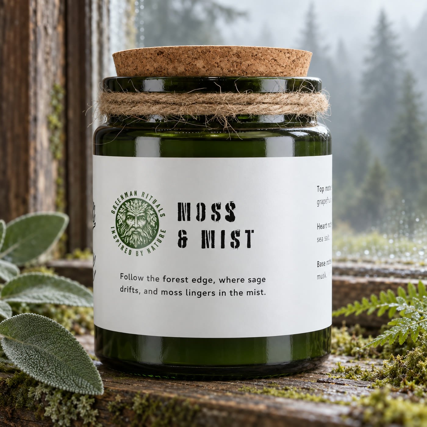 Vela Moss & Mist da Greenman Rituals com rolha de cortiça, num parapeito de madeira com musgo, salva e feto, floresta com névoa ao fundo