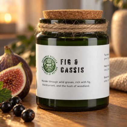 Vela Fig & Cassis da Greenman Rituals em frasco de vidro verde com rolha de cortiça, ao lado de figos e groselhas pretas numa mesa de carvalho