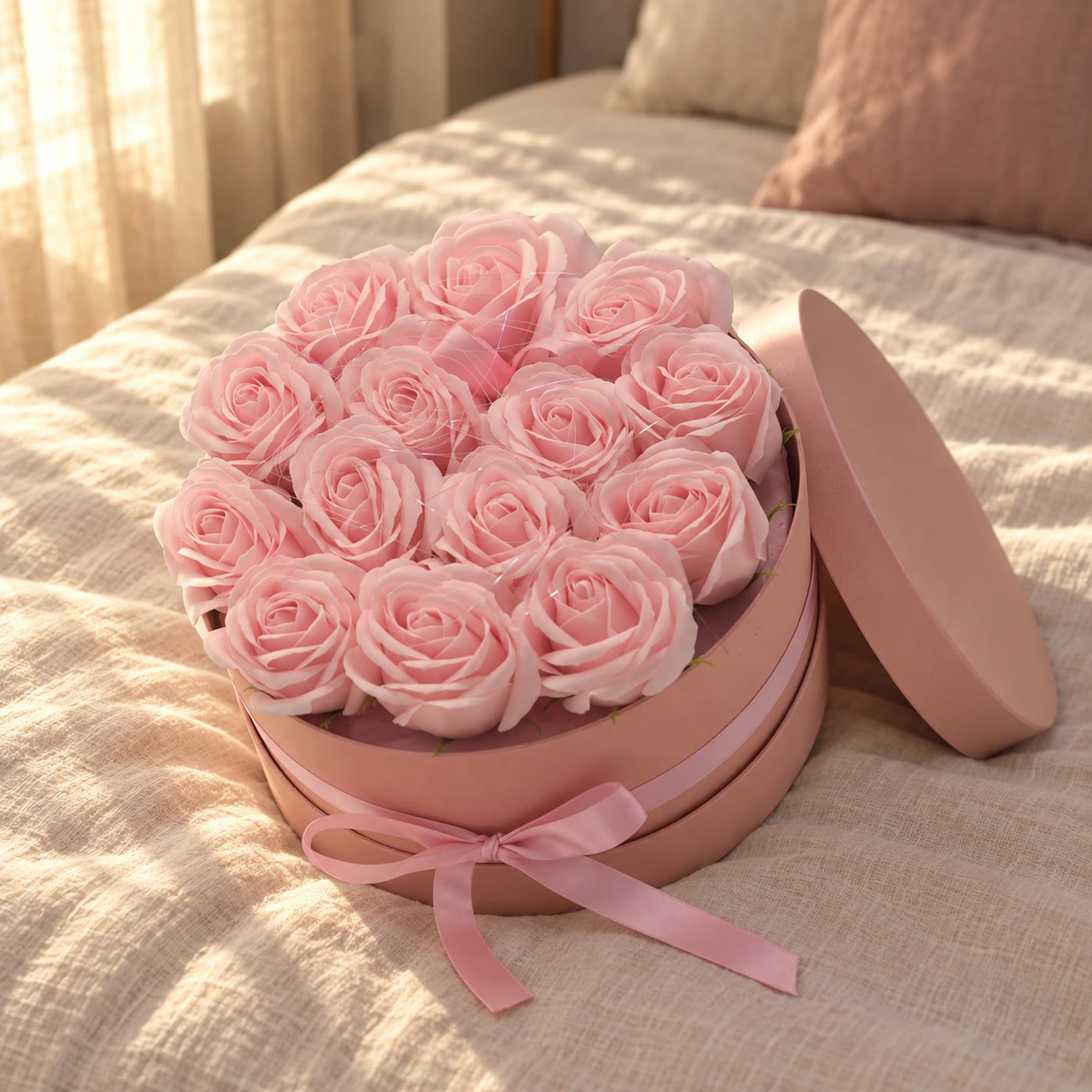 Caixa redonda com rosas de sabão cor-de-rosa aberta sobre uma cama de linho