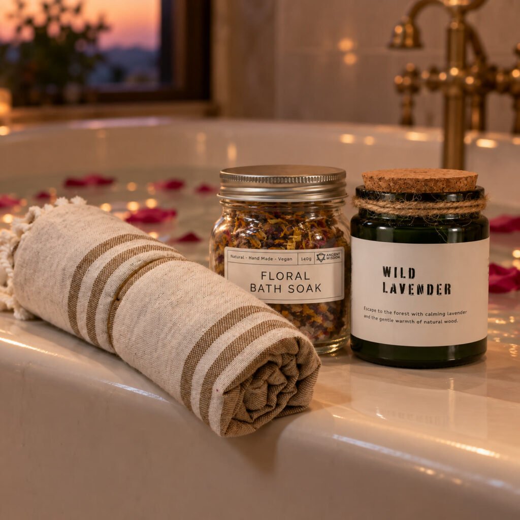 Conjunto Banho demorado: toalha de spa, banho floral e vela de lavanda na borda de uma banheira