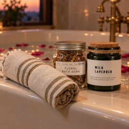 Conjunto Banho demorado: toalha de spa às riscas, frasco Floral Bath Soak da Ancient Wisdom e vela Wild Lavender da Greenman Rituals na borda de uma banheira ao entardecer