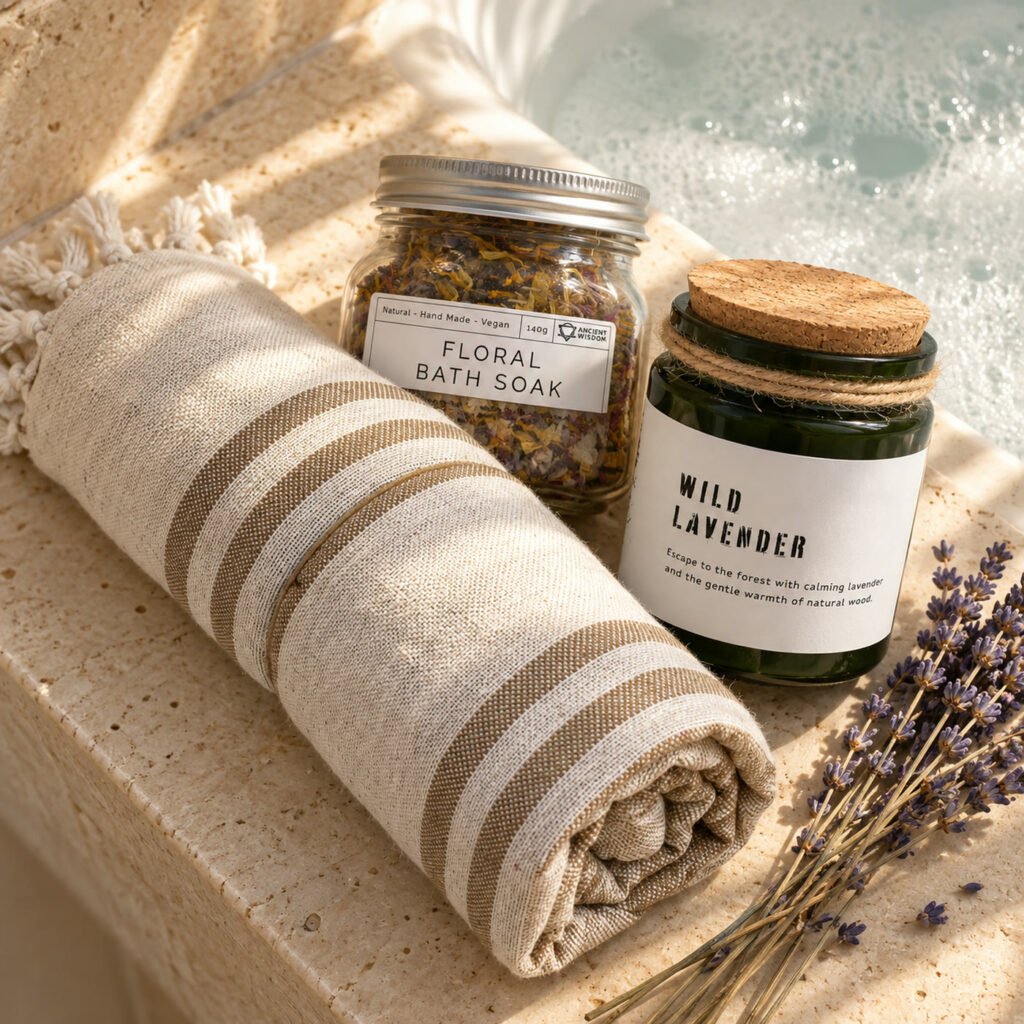 Conjunto Banho demorado visto de cima: toalha de spa às riscas, frasco Floral Bath Soak da Ancient Wisdom e vela Wild Lavender da Greenman Rituals numa borda de travertino junto a um banho de espuma, com lavanda seca