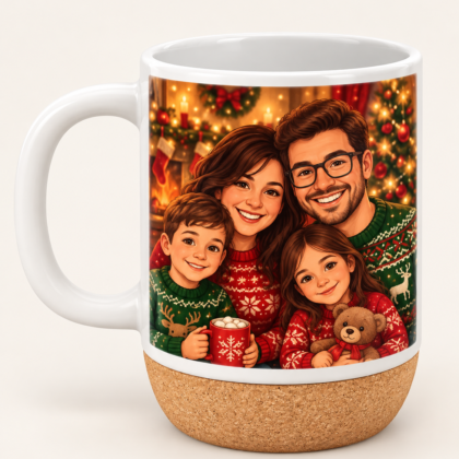 Caneca com ilustração de família em cenário de Natal clássico