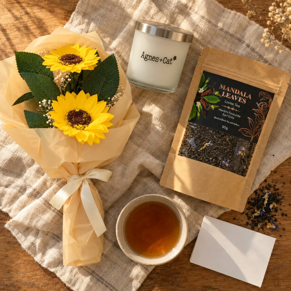 Conjunto Obrigada por estares visto de cima: ramo de dois girassóis de sabão, vela Agnes+Cat e chá Earl Grey Mandala Leaves sobre linho, com uma chávena de chá e um cartão em branco