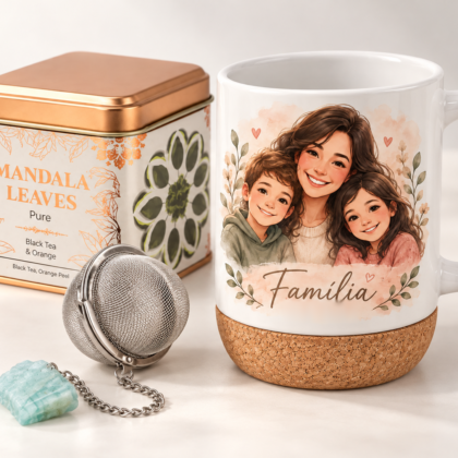 Caneca com ilustração de família em aguarela e base de cortiça, ao lado de lata de chá artesanal e infusor com pedra