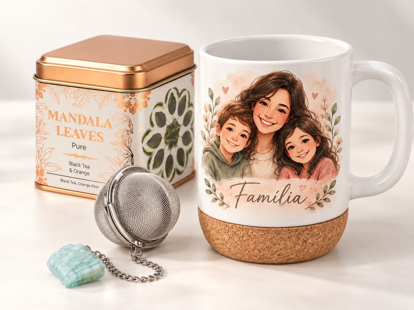 Caneca com ilustração de família, chá em lata e infusor