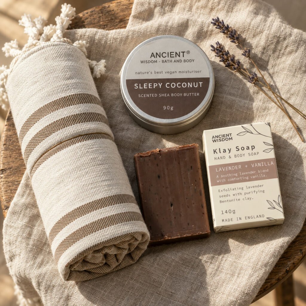 Conjunto Um cuidado só teu visto de cima: toalha de spa às riscas, manteiga corporal Sleepy Coconut e sabonete Klay Soap lavanda e baunilha da Ancient Wisdom sobre linho num banco de madeira