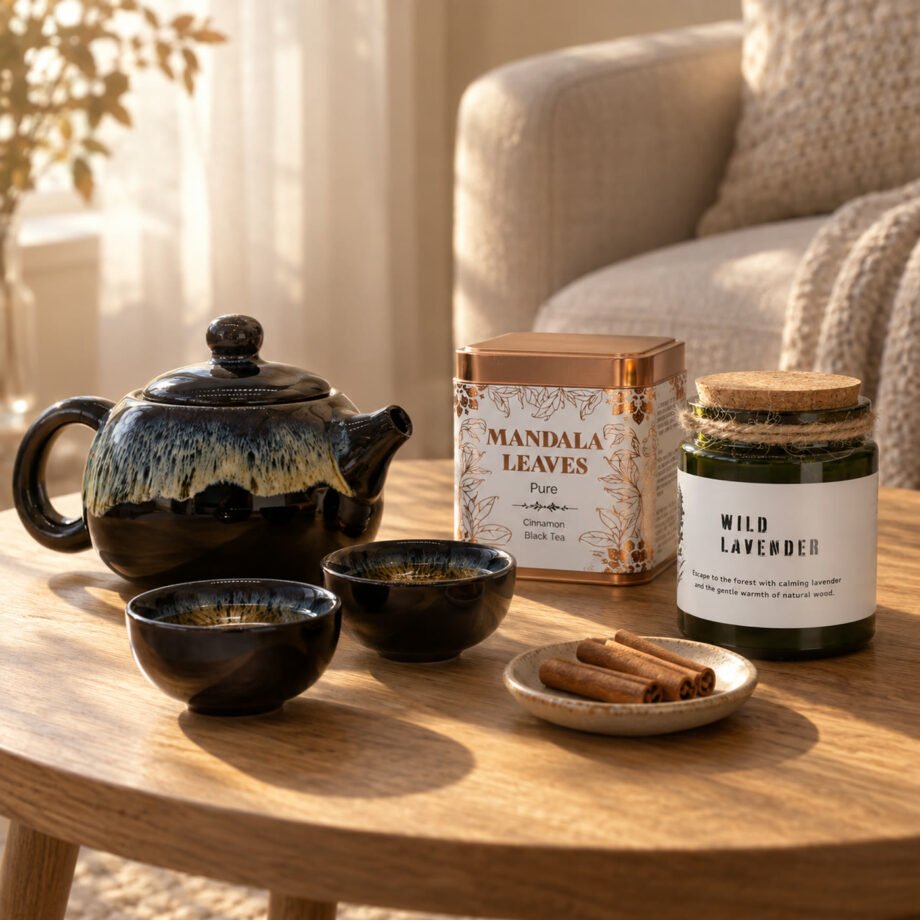Conjunto Uma tarde sem pressa: bule preto com duas chávenas, lata de chá Mandala Leaves e vela Wild Lavender numa mesa de centro de carvalho, com paus de canela