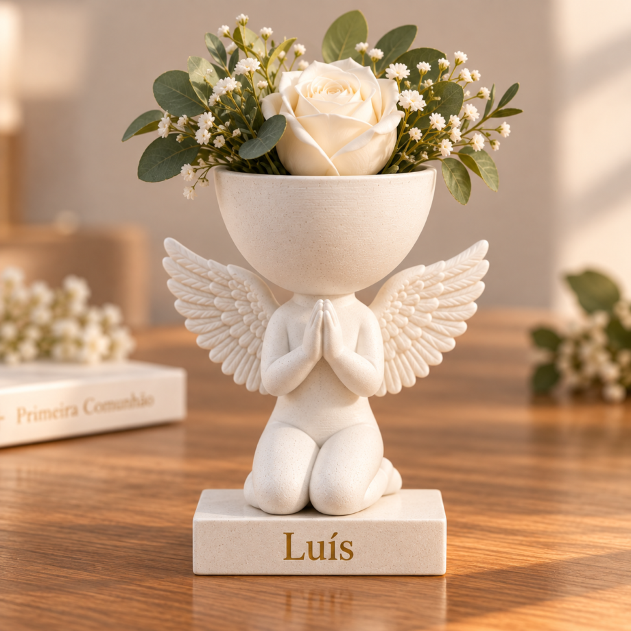 Vaso-anjo branco de joelhos e mãos juntas, com uma rosa branca e o nome Luís na base