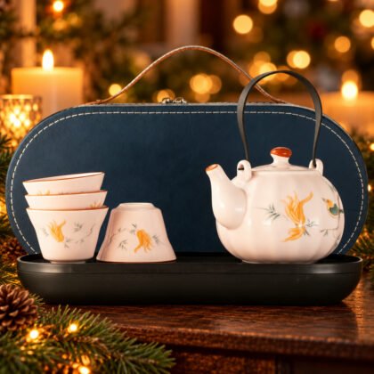 Conjunto de bule de viagem e 4 chávenas — Rosa vintage