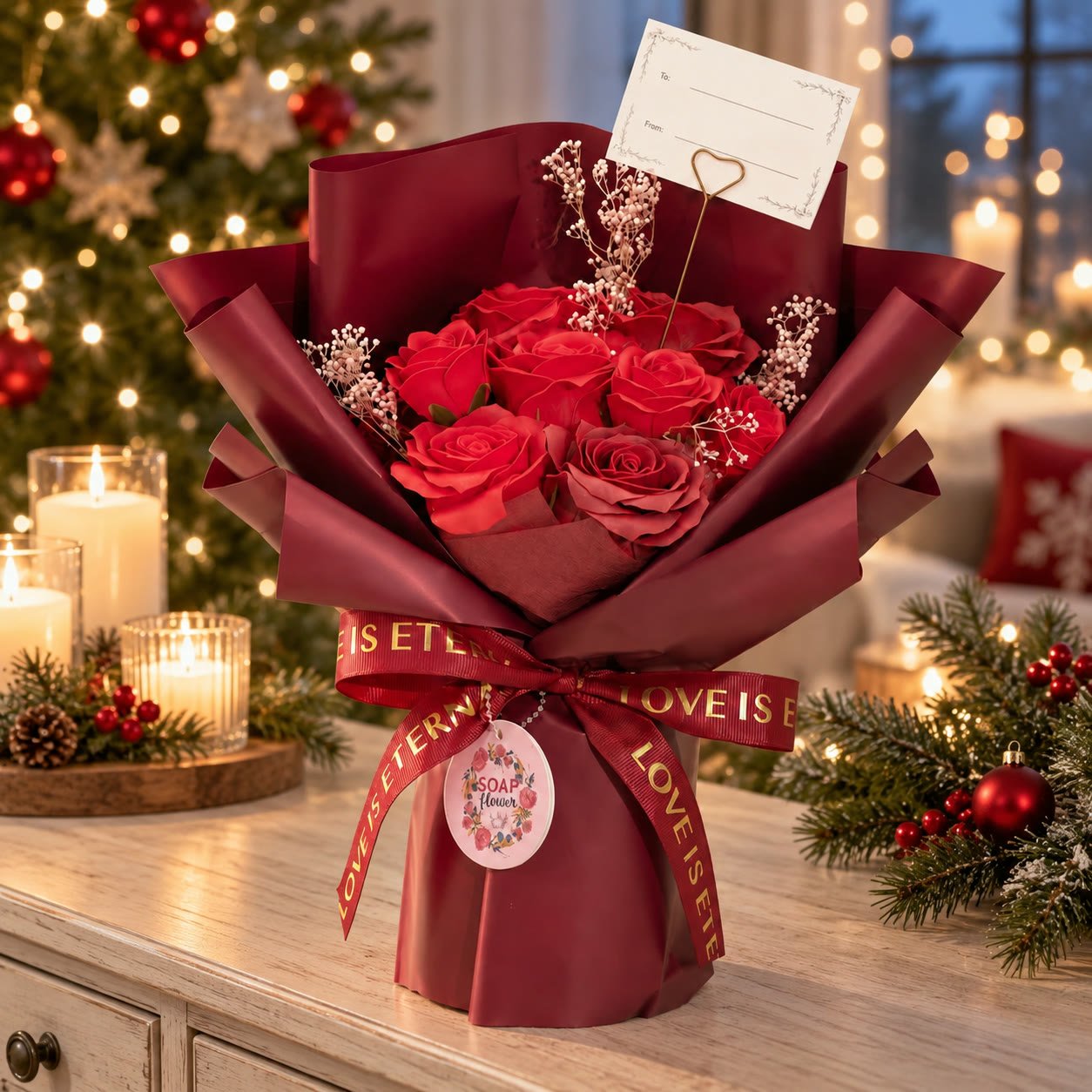 Ramo de rosas de sabão vermelho junto à árvore de Natal com velas acesas