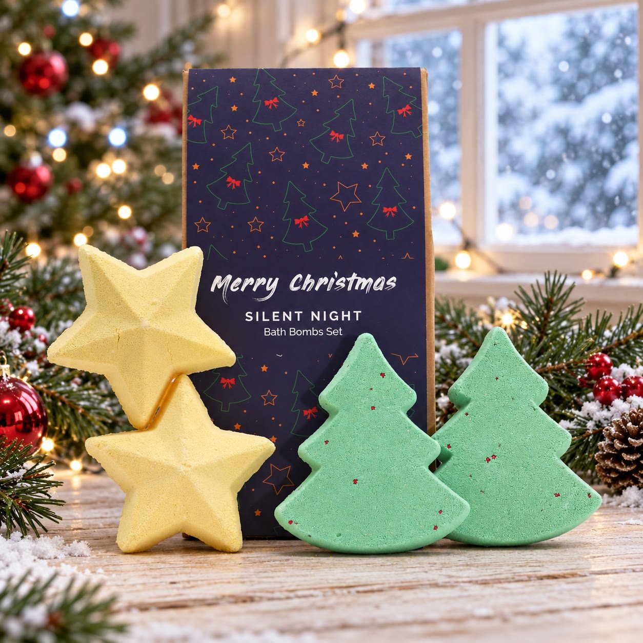 Caixa de bombas de banho de Natal com estrelas e árvores